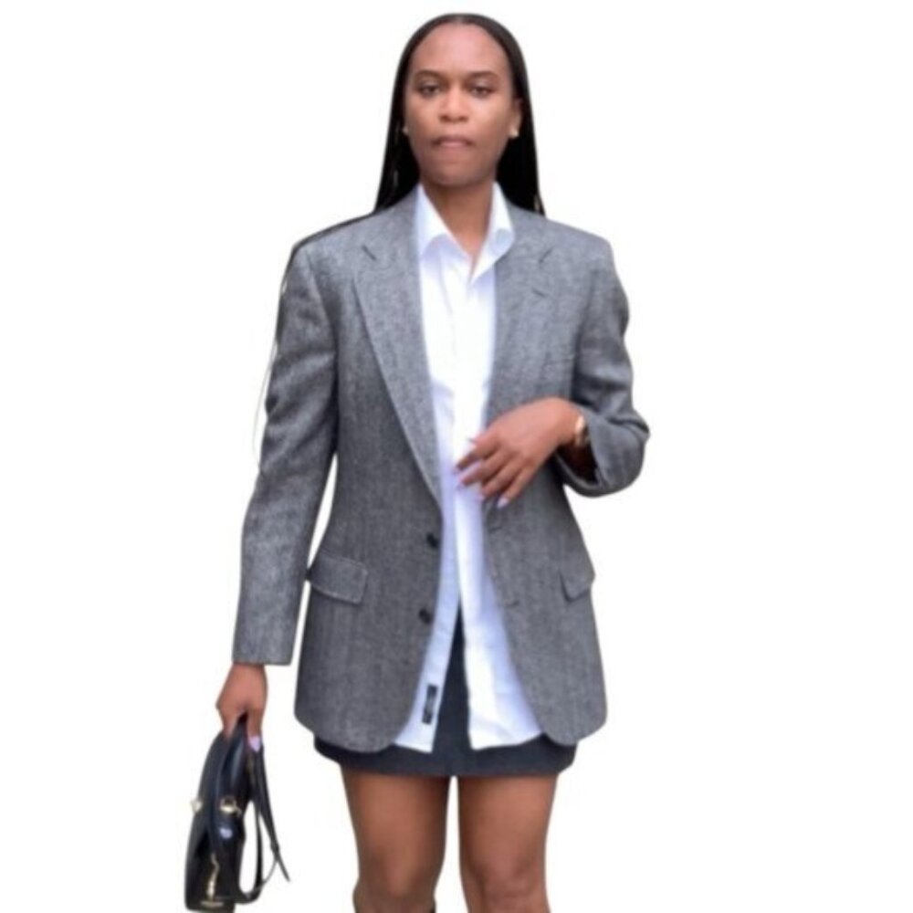 Vintage Gray Herringbone Oversized Single Breasted Blazer